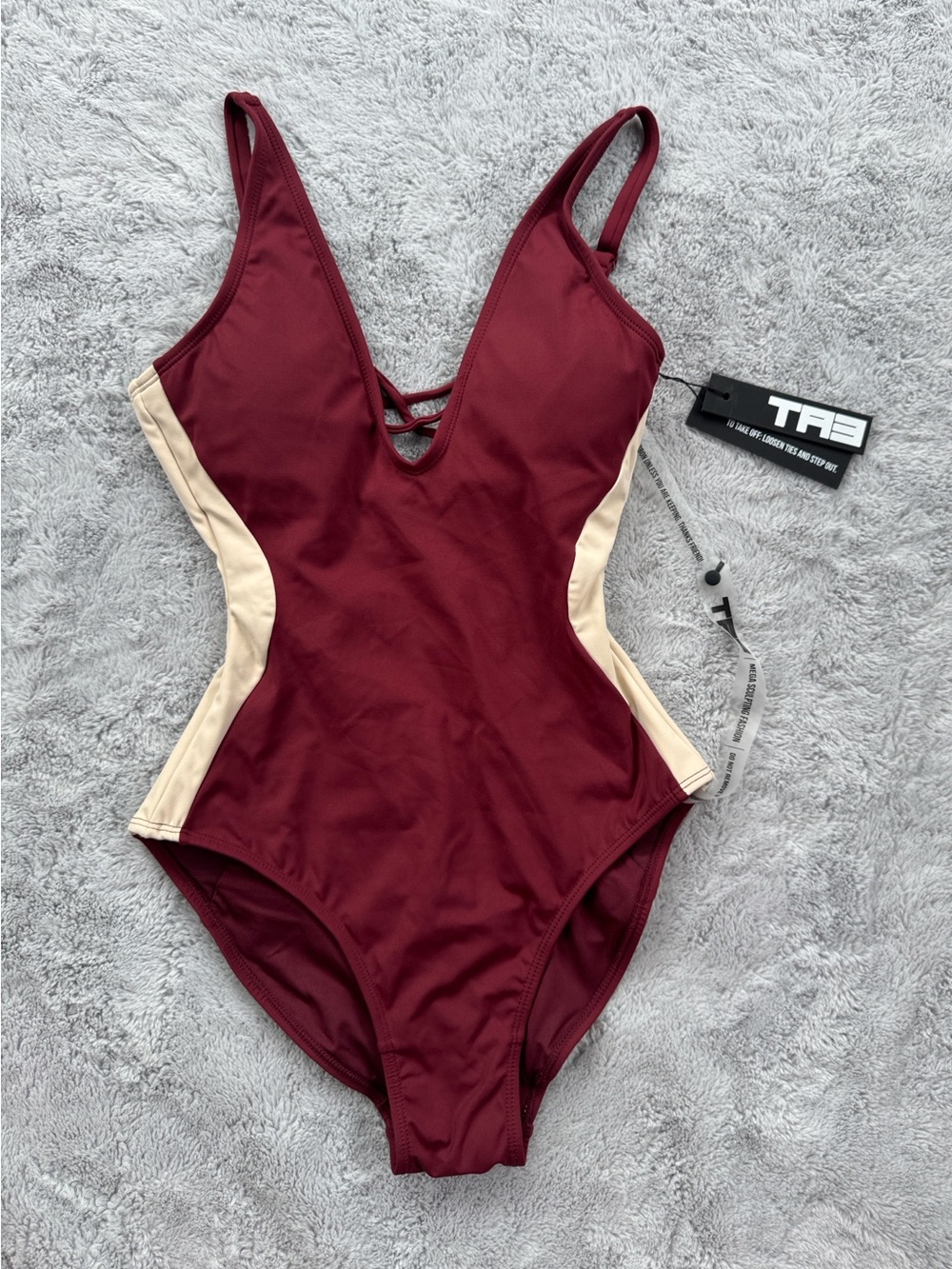 ТA3 Plungey Contour Snatched Waist Lace Up Back Swimsuit Dark Cherry Oat XS Reg